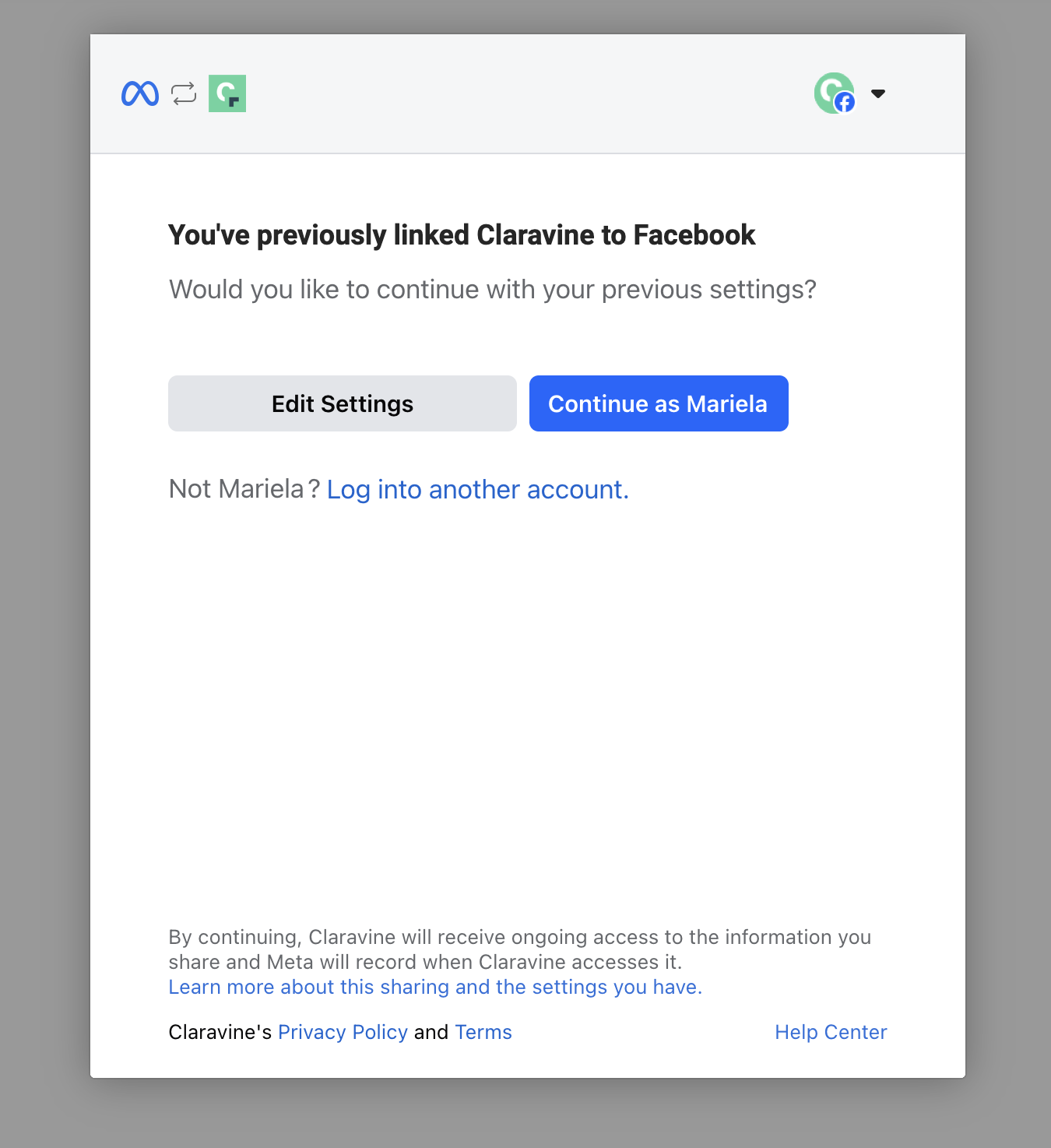 ClaravineLinkToMetaContinueToFB.png
